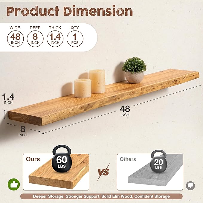 fuqing Live Edge Floating Shelves for Wall 48 inch, 8 Inch Deep Solid Elm Wood Floating Wall Shelves - Rustic Wooden Shelves with Invisible Brackets for Living Room Bedroom Kitchen, 1 Pack, Natural