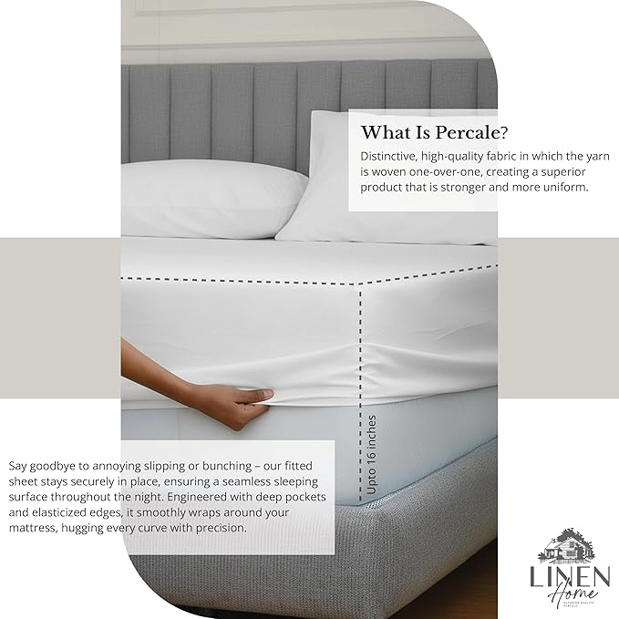 Linen Home 100% Cotton Percale Sheet Set, Full Size, White, Deep Pocket, 6 Pieces Set - 1 Flat, 1 Deep Pocket Fitted Sheet and 4 Pillowcases, Crisp Cool and Strong Bed Linen