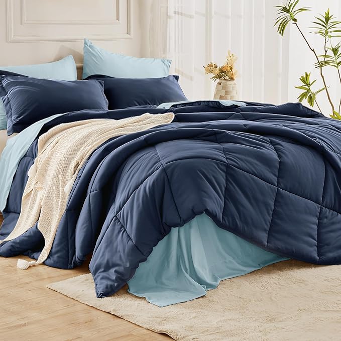 JOLLYVOGUE Full Comforter Set, Ultra-Soft Bed in a Bag Full Size 7 Pieces, Oeko-TEX Certified Bedding Set with Down Alternative Comforter, Sheets, Pillowcases & Shams, Navy & Light Blue