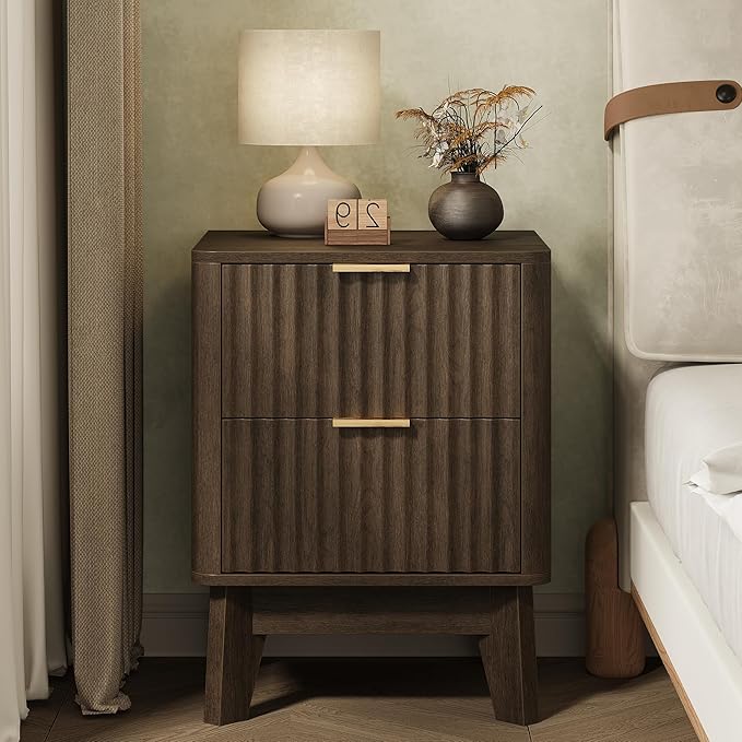 Fluted Nightstand,Modern End Table with Metal Handle,2 Storage Drawers Side Table,Bedside Table for Bedroom,Wood Nightstands,Curved Profile Design Furnitue,Walnut