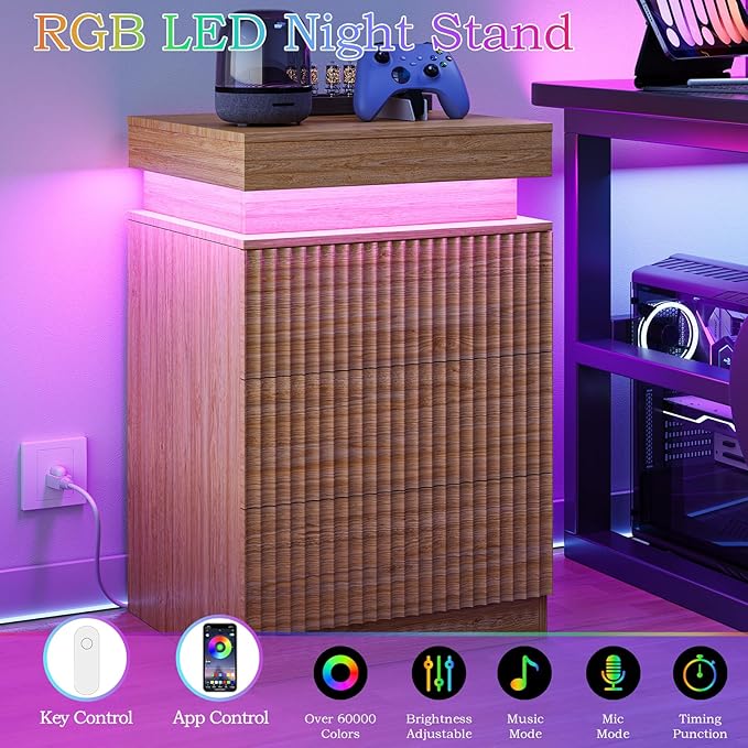 Nightstand with Charging Station & LED Lights, Small Modern Fluted Bedside & End Table with 3 Drawers, Sliding Top & Hidden Storage, Wooden Farmhouse Night Stand for Bedroom Office Sofa, Natural Oak