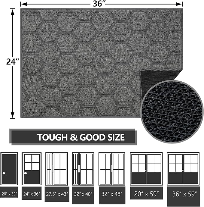 FONEYI Indoor Door Mat, Entrance Rug 24" x 36" Non-Slip Rubber Backing, Machine Washable Entry Rug, Low Profile Absorbent Dirt Trapper Doormat Inside Floor Mats for Entryway, Grey