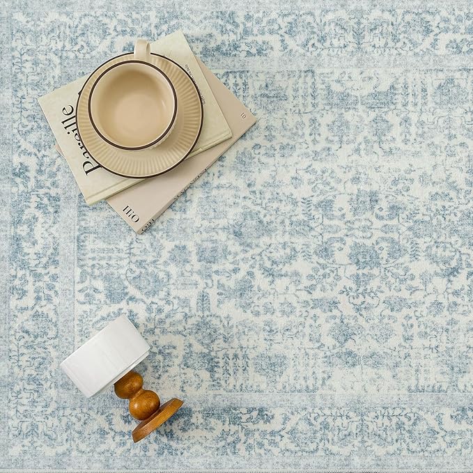 Blue Area Rug 8x10 Machine Washable Large Vintage Living Room Distressed Non Slip Carpet Traditional Indoor Bedroom Retro Floral Accent Throw Rug for Office Kitchen Dining Room