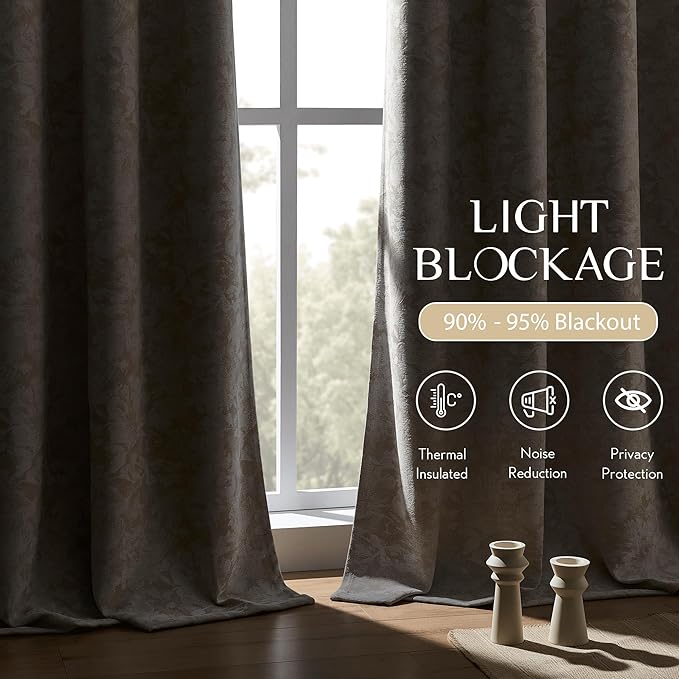 Beauoop Beige Floral Jacquard Blackout Curtains 63 Inches Long 2 Panels for Bedroom Living Room Chenille Flower Room Darkening Thermal Soundproof Rod Pocket Back Tab Window Treatments Drapes, 52x63
