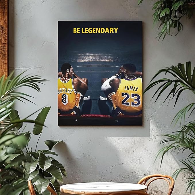 Kobe Bryant and LeBron James Canvas Wall Art Print Poster, Be Legendary Inspirational Sports Picture Artwork, Motivational Mamba Mentality Wall Decor for Home Office Gym Living Room, Framed 16x20inch