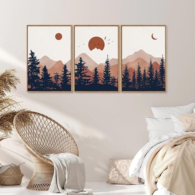 YeeHomedec Large Boho Mountain Framed Canvas Wall Art, Mid Century Modern Wall Decor, Nature Sunset Landscape Art Painting, Wood Pine Trees Artwork for Living Room Bedroom Office Farmhouse 16"x24"x3