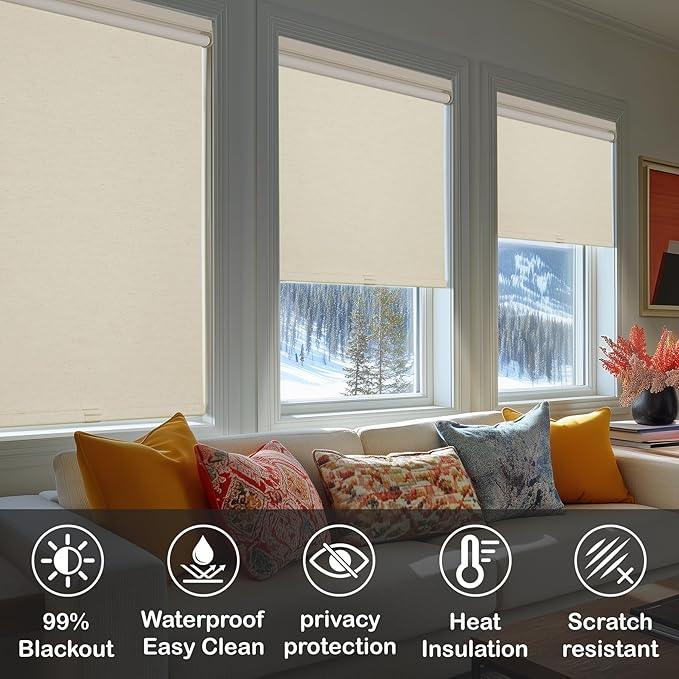 HESTIA No Drill Cordless Blackout Roller Shades Screwless Waterproof Shower Window Blinds, Auto-Retraction Easy Install Blind for Bedroom/Living Room/Kitchen, Cream Linen, 56.5" W x 72" H