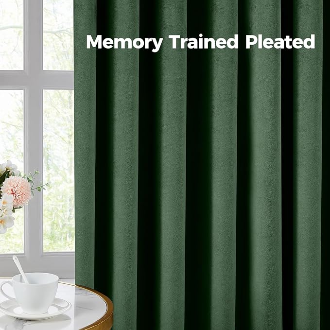 Pinch Pleated 100% Blackout Curtains for Bedroom, Olive Green Velvet Curtains for Living Room, Black Out Curtain 90 inch Long Room Darkening, Blackout Pinch Pleat Drapes with Hooks 2 Panels