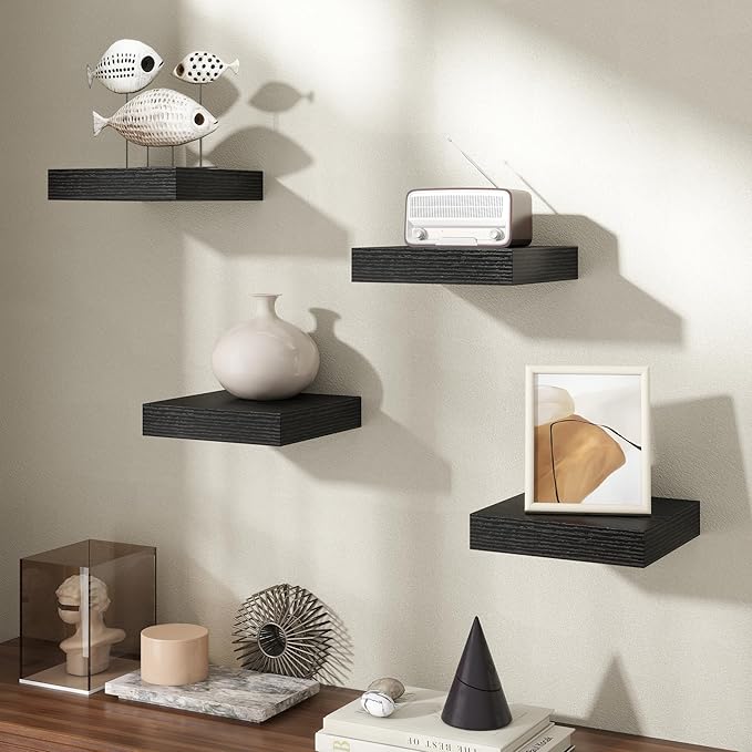 Axeman Square Floating Shelves for Wall, 8" W x 8" D x 1.4" H Rustic Wooden Wall Shelves, 4 Pack Wall Mounted Floating Shelf with Invisible Brackets for Living Room, Bathroom, Kitchen, Black Color