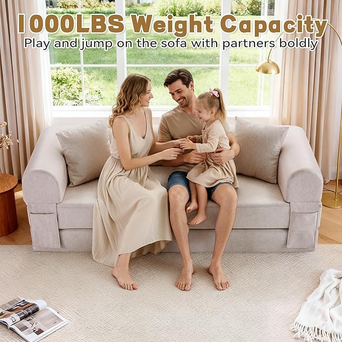 Convertible Folding Sofa Bed,78.5 Inch Faux Leather Futon Couch with Pillows & Storage Pocket,5-in-1 Queen Sleeper Sofa in a Box with Pull Out Bed,Boneless Couch for Living Room Bedroom,Beige