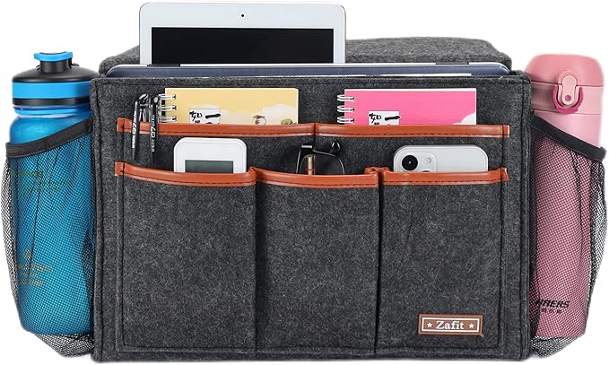Bedside Caddy, Large Size Bedside Storage Organizer Bedside Organizer Caddy for Magazine Remotes Phone (13.4'' x 18.1'' Plus Size, Dark Grey)
