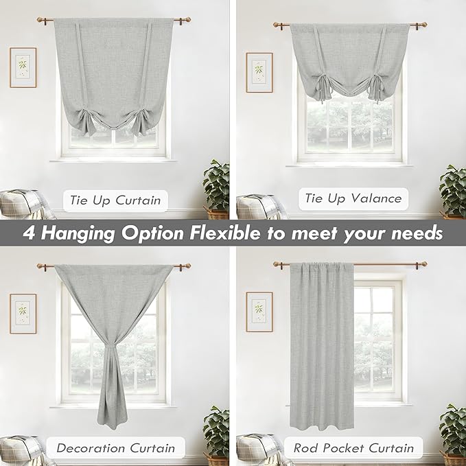 DriftAway Double Layer Linen Blackout Tie Up Curtains Thermal Insulated Fully Lined Balloon Roman Shade Bathroom Window Adjustable Rod Pocket for Small Window 39 Inch by 55 Inch Gray