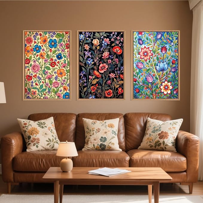 LHIUEM Large Vintage Botanical Flower Framed Canvas Wall Art,Abstract Colorful Wildflower Wall Decor,Rustic Bouquet Wall Painting,Poster Artwork for Living Room,Bedroom,Dining Room,Office -16"x24"x3