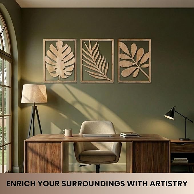 qmmp Modern Wooden Wall Sculptures - Set of 3 - Home Decor Accent - Large Wall Art for Living Room, Bedroom, Office - Easy Installation (Oak, Large - Tree Leaves)