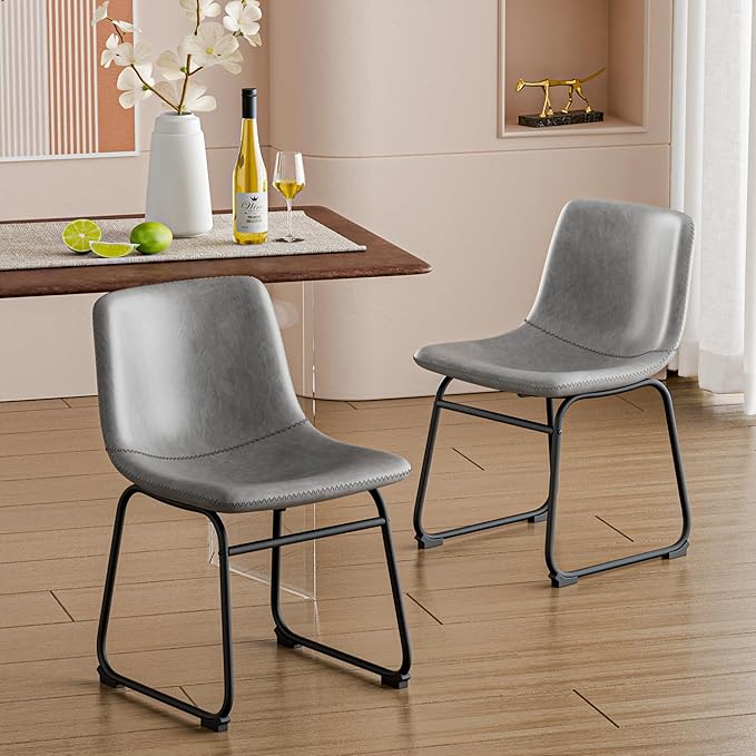 Dining Chairs Set of 6, 18 Inch Modern Armless Dining Chair with Back, Faux Leather Kitchen Dining Room Chair with Metal Legs for Home, Bistro Coffee Shops (Grey)