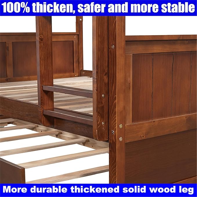 Upgraded Version Best Full Over Full Bunk Bed with Trundle, Thicken Solid Wood Full Size Bunk Bed, Bunkbed Frame Full Over Full, Convertible to 2 Beds, Easy Assembly for Adults (Walnut)