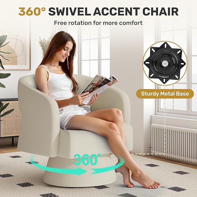 Swivel Accent Chair Set of 2, Modern Comfy Chenille Barrel Chairs, Oversized Upholstered Round Arm Chair for Living Room, Bedroom, Reading Room, Beige