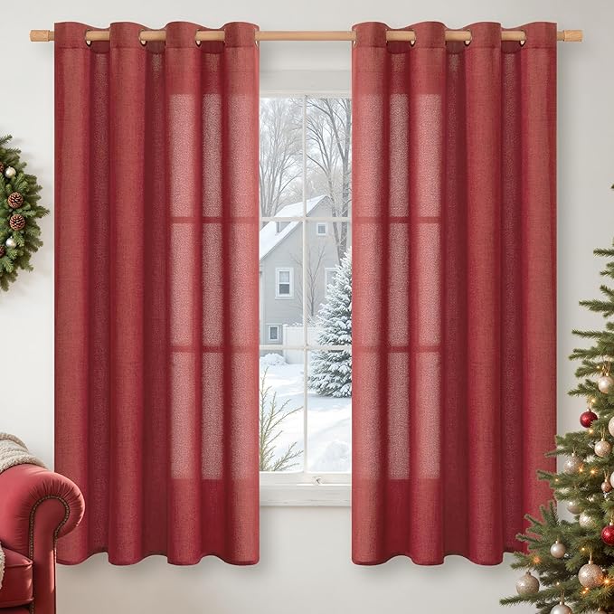 YoungsTex Red Linen Curtains 63 Inch Length 2 Panels for Living Room, Light Filtering Window Drapes with Bronze Grommet Privacy for Bedroom, 52 x 63 Inch