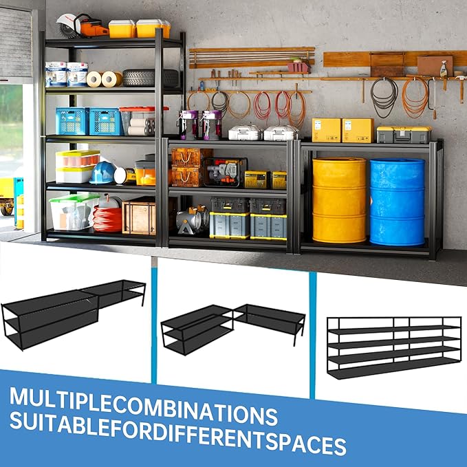 Storage Shelves, Garage Metal Shelving Unit, Adjustable, Double-Layer Column with Reinforced Ribs, Heavy-Duty, Capable of Bearing 600-3600 lbs (Black, 77 * 45 * 18, 5-Tier)