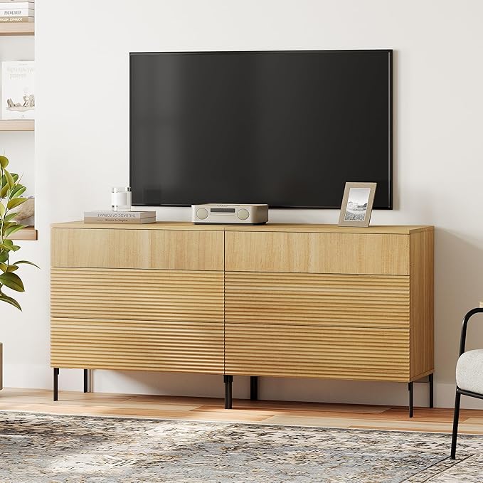 WAMPAT 63" W Fluted Dresser for Bedroom, 2 in 1 Modern 6 Drawer Dresser TV Stand with Hidden Handles, Wooden Chest of Drawers Closet Clothes Storage Organizer for Bedroom, Living Room, Oak