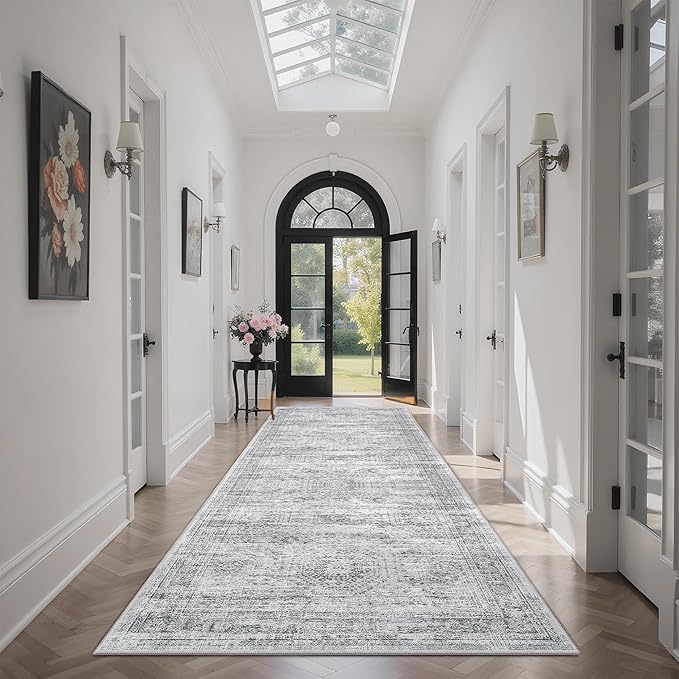 Washable Runner Rug, 2'6" x 8' Non-Slip Kitchen Vintage Foldable Hallway Runners for Entryway, Laundry, Bedroom, Grey