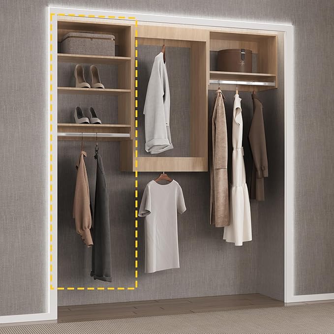 Medium Double Hanging Closet Unit, Modular Closet System, Wood Closet System Organizer with Storage for Walk In Closets, Clothing Rack Closet for Hanging Clothes, Bedroom, Wood, 19.5"W