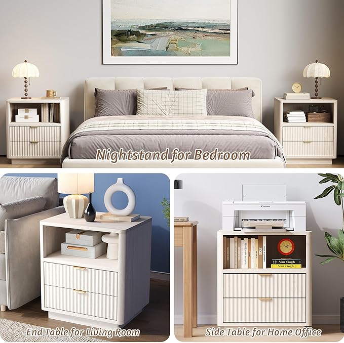 Fluted Nightstands Set of 2 - Nightstand with 2 Drawers & Open Shelves, 22" Wide Large Bedside Stand Modern Storage Wooden Side Tables for Bedroom (Oak White)