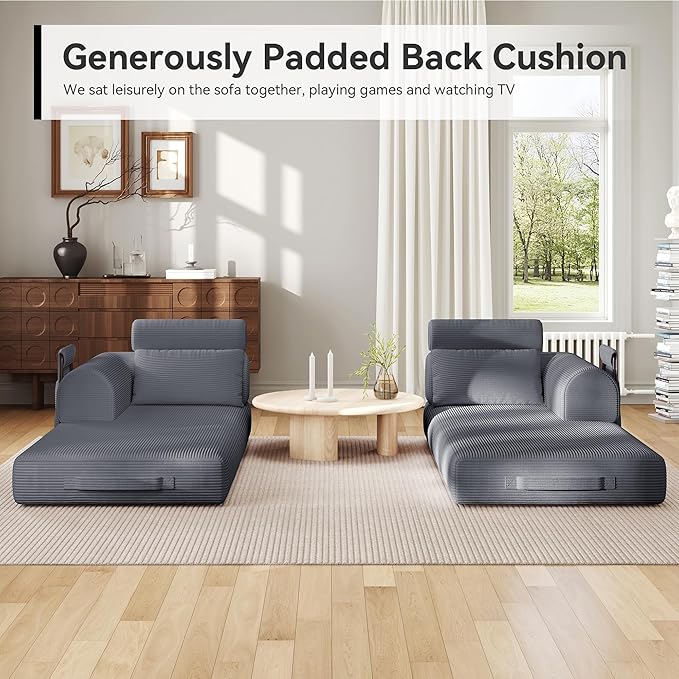 Upgrade High Backrest Design Sofa Bed with Fixed-Shape Frame & Removable Armrests and Backrest, Corduroy Fabric, Convertible Couch for Small Spaces - No Assembly Needed (High Backrest Dark Gray)