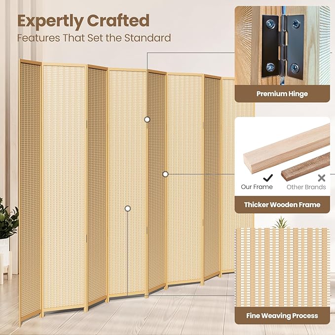 8 Panel Room Divider and Extra Wide Folding Privacy Screen, 126" W x 67" H, Bamboo Room Divider for Room Separation