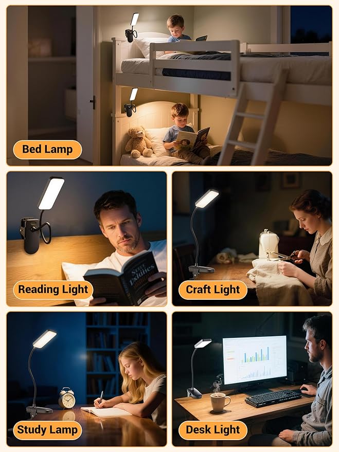 Clip on Light,9 Brightness+5 Color Rechargeable Desk Lamp,4000mAh Battery Operated Lights,450 Lumen 48 LED Desk Lamp with Clamp Light,Cordless Reading Lamps for Bed/Headboard/Bedside Table