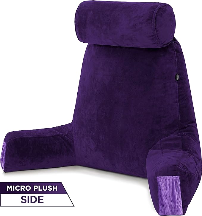 Husband Pillow Medium Aspen Edition Mauve Purple, Sit Up Reading & Bed Rest with Arms, Ultra-Comfy, Detach Neck Roll - Premium Shredded Memory Foam Backrest, Reverses to Micro: Suede or Plush