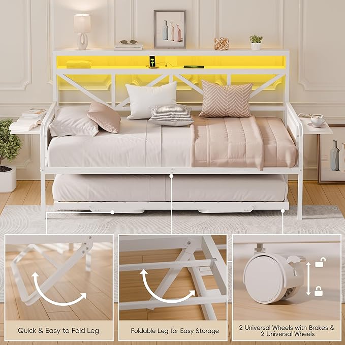 Daybed with Trundle, Heavy Duty Metal Twin Bed Frame with LED Lights & 2-Tier Storage Shelves, Sofa Day Bed with Charging Station & Tabletop for Living Room, Bedroom, Guest Room (White)