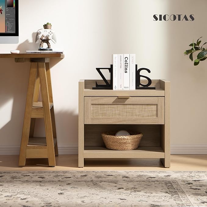 SICOTAS Rattan Nightstand End Table - Boho Night Stand Bedside Table with Type-C Charging Station, Wicker Decor Drawer Storage Cabinet Night Stand for Bedroom - Light Oak