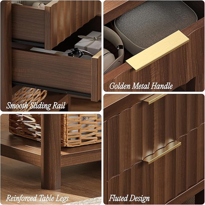 Huuger 27.6 Inch Tall Night Stand with Charger Station, USB-C Port, Fluted Nightstand with 2 Deep Drawers, Larger Wider Bed Side Table with Open Shelf, Bedroom Living Room End Table, Walnut