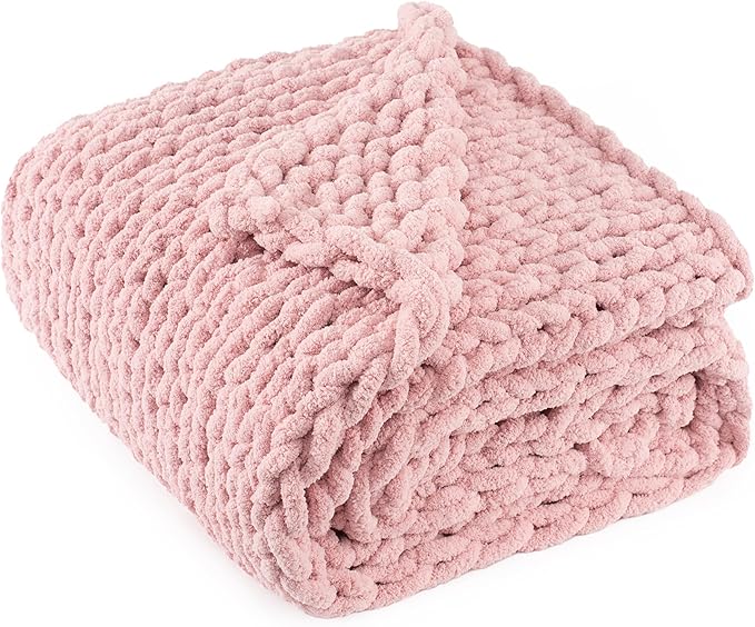 Chunky Knit Throw Blanket 60"X 80", 100% Handmade with Soft Chenille Yarn, 4.4lbs Thick Cable Knitted Blankets, Large Rope Knot Crochet Throws for Couch Sofa Bed Home Decor, Dusty Pink