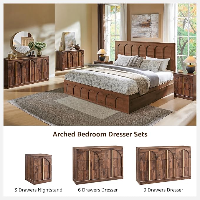 ACCOHOHO Queen Size Bed Frame Modern with 52" Tall Arched Recessed Headboard and 4 Drawers, Solid Wood Slats Support, Wood Platform, Noise Free, No Box Spring Needed, Brown