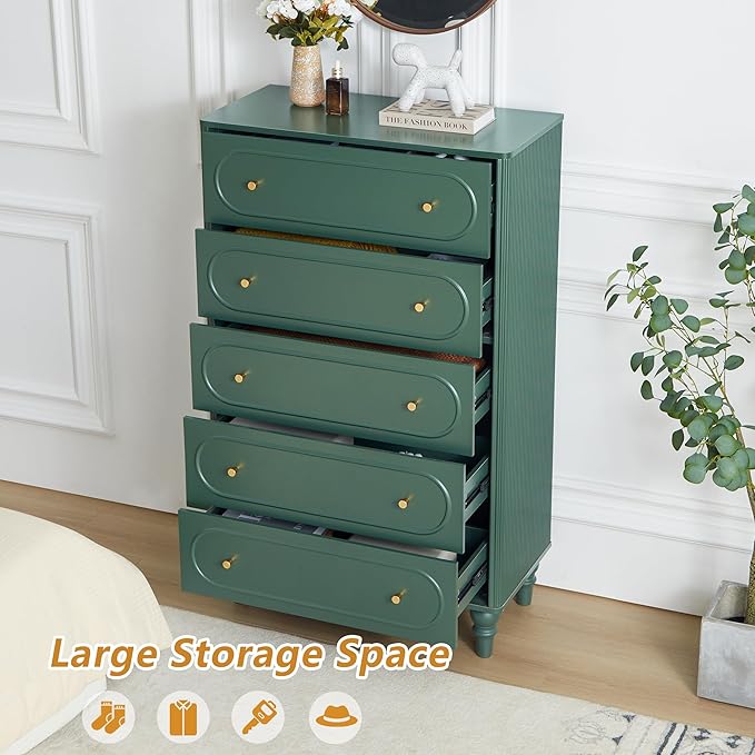 5 Drawer Fluted Dresser for Bedroom Set of 2, Mid Century Modern Chest of Drawers, Wood Storage Large Dresser Organizer for Bedroom Living Room Hallway Closet, Green