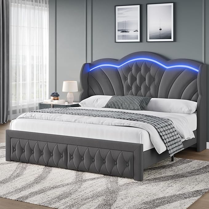 Keyluv Full Bed Frame with LED Lights and 2 Storage Drawers, Velvet Upholstered Platform with 47" Tall Arc-Shaped Wingback Headboard and Button Tufted Design, No Box Spring Needed, Noise-Free, Gray