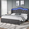 Keyluv King Bed Frame with LED Lights and 2 Storage Drawers, Velvet Upholstered Platform with 47" Tall Arc-Shaped Wingback Headboard and Button Tufted Design, No Box Spring Needed, Noise-Free, Gray