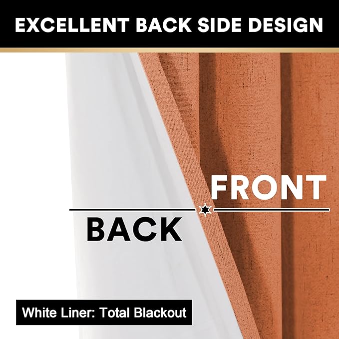 PrinceDeco 100% Blackout Curtains 84 inch Length 2 Panels Set Anti-Rust Grommet Linen Textured Curtains for Bedroom Solid Full Blackout Thermal Insulated with White Liner, Orange, 42" W x 84" L