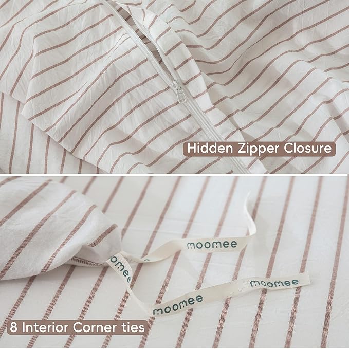 MooMee Striped Duvet Cover Set 100% Washed Cotton Linen Like Textured Breathable Durable Soft Comfy (White Orange Wide Stripes, Cal King 104"x98")