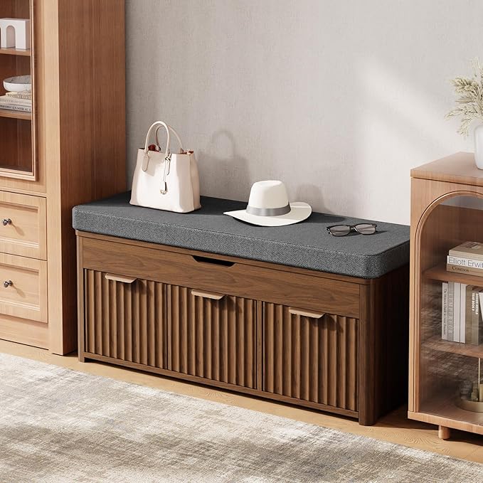 Shoe Bench with Storage - Lift Top Entryway Bench with Hidden Storage, Shoe Rack with Adjustable Shelves and Cushioned Seat, Wooden End of Bed Bench for Bedroom, Living Room and Hallway,Walnut