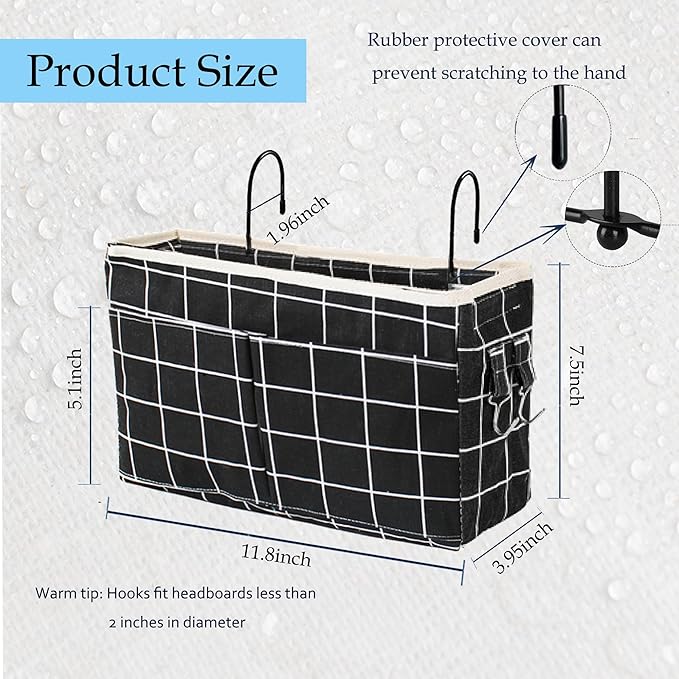 Someteth Bedside Caddy Bedside Hanging Storage Basket Multi-Function Organizer Caddy for Bunk and Hospital Beds Dorm Rooms Bed Rails, Can be Placed Glasses Books Mobile Phones（Black Grid）