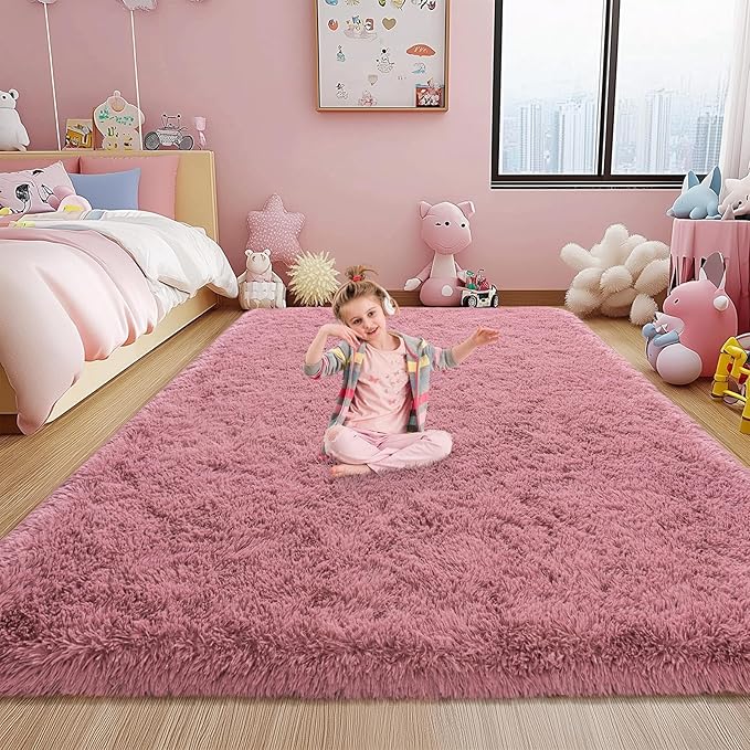 Fluffy Rugs for Living Room, 9x12 Feet Blush Shag Rug for Bedroom Girls Room, Soft Large Fuzzy Plush Carpet for Home Decor
