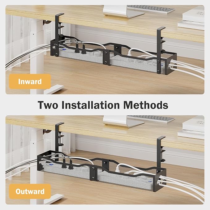 DELAMU 25'' Upgraded Cord Management, No Dill Under Desk Cable Tray with F-Clamp, Metal Cable Management Tray to Under Desk Organizer for Home Office, 1 Pack, Black