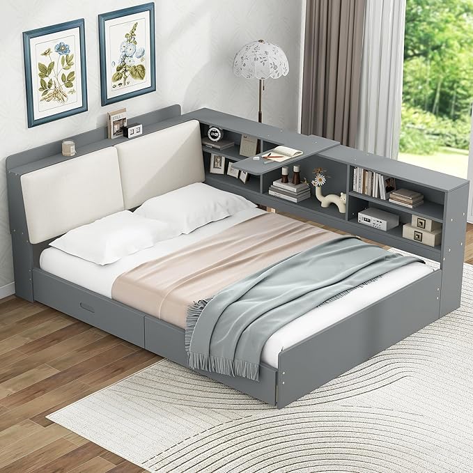 Ball & Cast Full Size Wooden Storage Daybed Frame, Modern Platform Bed with Drawers & Flip Headboard & Shelves, L Shaped Full Floor-Bed w/Upholstered Headboard&Storage, No Box Spring Needed, Gray