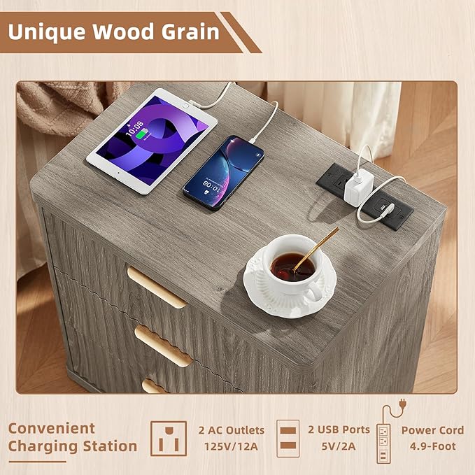 LEYAOYAO Fluted Dressers & Nightstand Set of 4, Wood 48" Wide Dresser & 42" Tall Chest of Drawers,Modern Bedroom Furniture Sets, Grey Wooden Nightstand Set of 2 with 3 Drawers & Charging Station