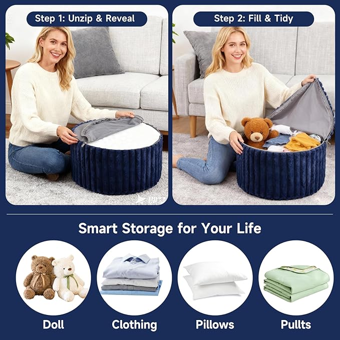 Tiita Round Stuffed Pouf Ottoman, Stripe Faux Fur Poufs with Foam Chunk Filling, Furry and Fluffy Pouf 21×21×12 inch Foot Stool Storage Ottoman,Puff Office Foot Rest for Couch Living Room, Navy Blue