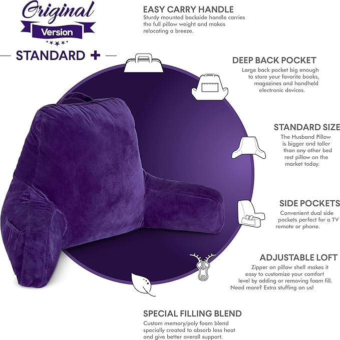 Husband Pillow Purple, Original Reading Pillow in Bed Rest Chair, Shredded Memory Foam Large Lounge Cushion Adult Backrest with Arms, Comfy Back Support for Sit Sitting Up, Washable/Removable Cover