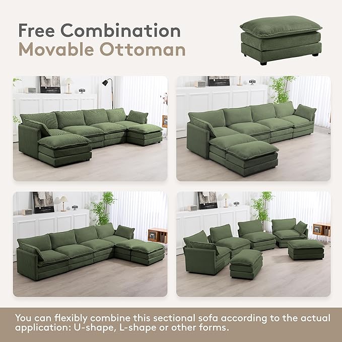 ROWHY 148'' Sectional Cloud Couch with 2 Ottomans, Oversized 4 Seat Sleeper Sofa with 2 Throw Pillows, Convertible Upholstered U Shaped Cozy Sofa Furniture Set for Living Room and Office, Green